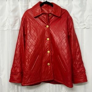 Vintage Vakko Cherry Red Quilted Leather Jacket with Gold Buttons —XS